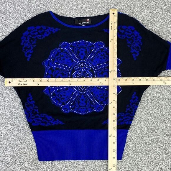Laura Petites Mandala Print Rhinestone Colorblock Sweater Black Blue XS - Picture 11 of 12